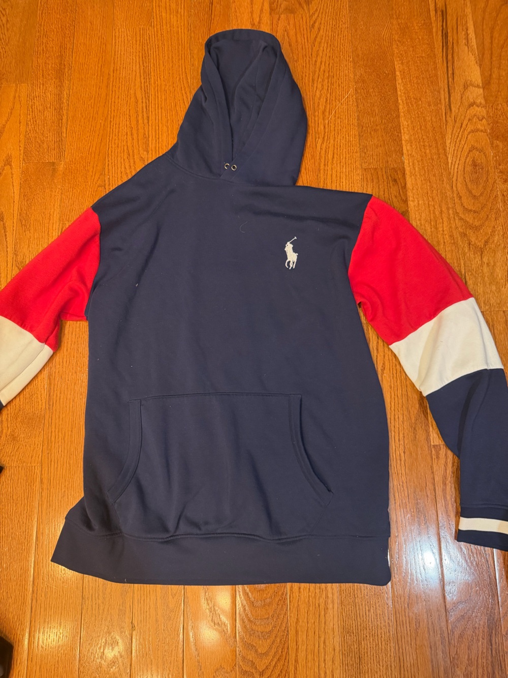 Ralph Lauren Men’s Navy Hoodie Sweatshirt with Red & White Sleeves size XL